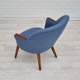 1960s, danish design, reupholstered lounge chair, camira furniture wool fabric, teak