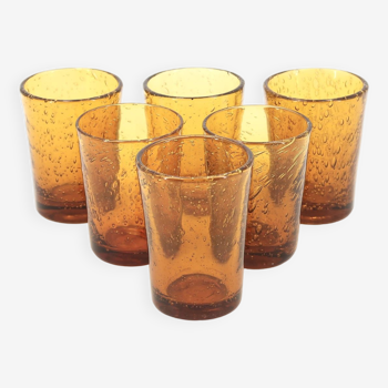 Six verres à Porto de Biot, verre bullé ambré, années 70
