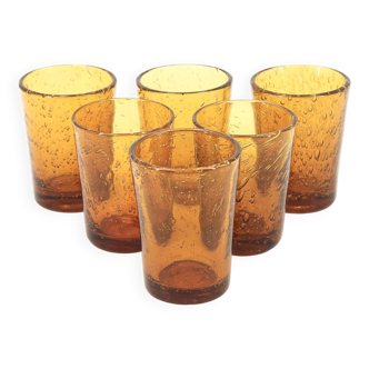 Six verres à Porto de Biot, verre bullé ambré, années 70