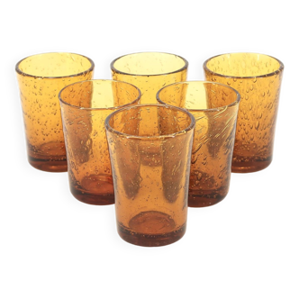 Six Port glasses from Biot, amber bubbled glass, 1970s