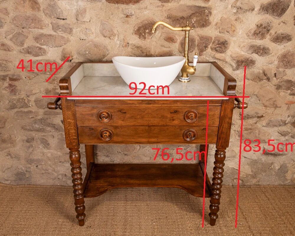 Marble and wood washbasin cabinet in Louis-Philippe style with double drawer.