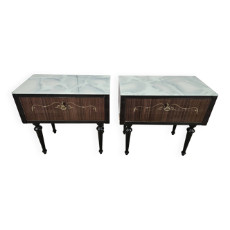 Pair of 1960s bedside tables with drop-leaf door and blue glass top