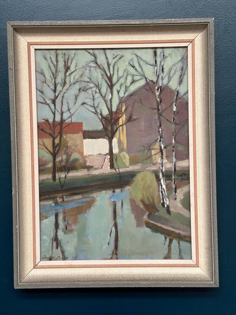 Original Swedish Oil on Canvas - "Landscape with Trees and Buildings" by Ingvar Björk - 1948 - Vintage - Framed - 62 × 48 cm (24.4" × 18.9")