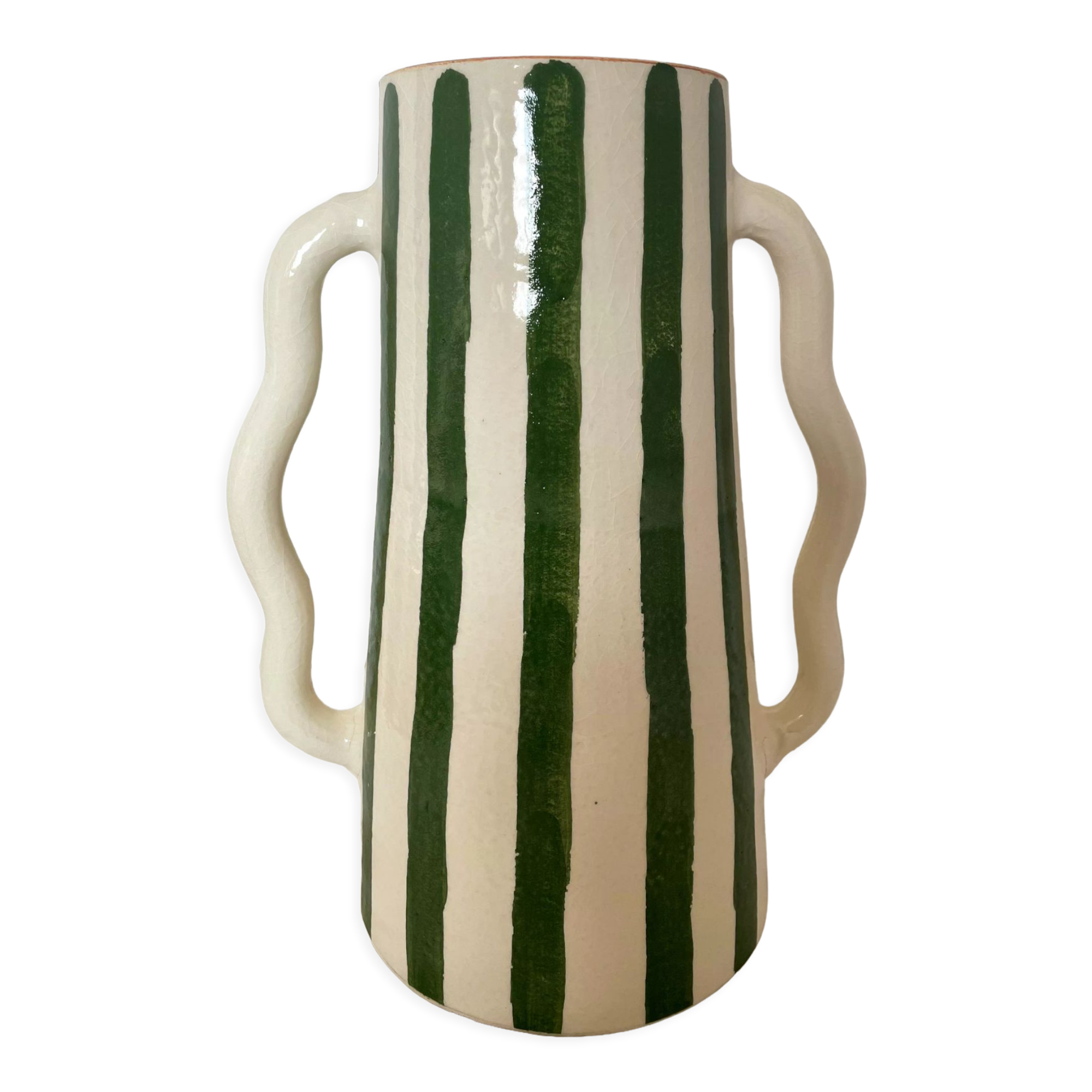 Handmade green and white striped ceramic vase with abstract corrugated handheld