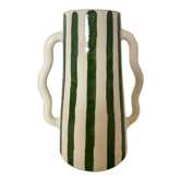 Handmade green and white striped ceramic vase with abstract corrugated handheld