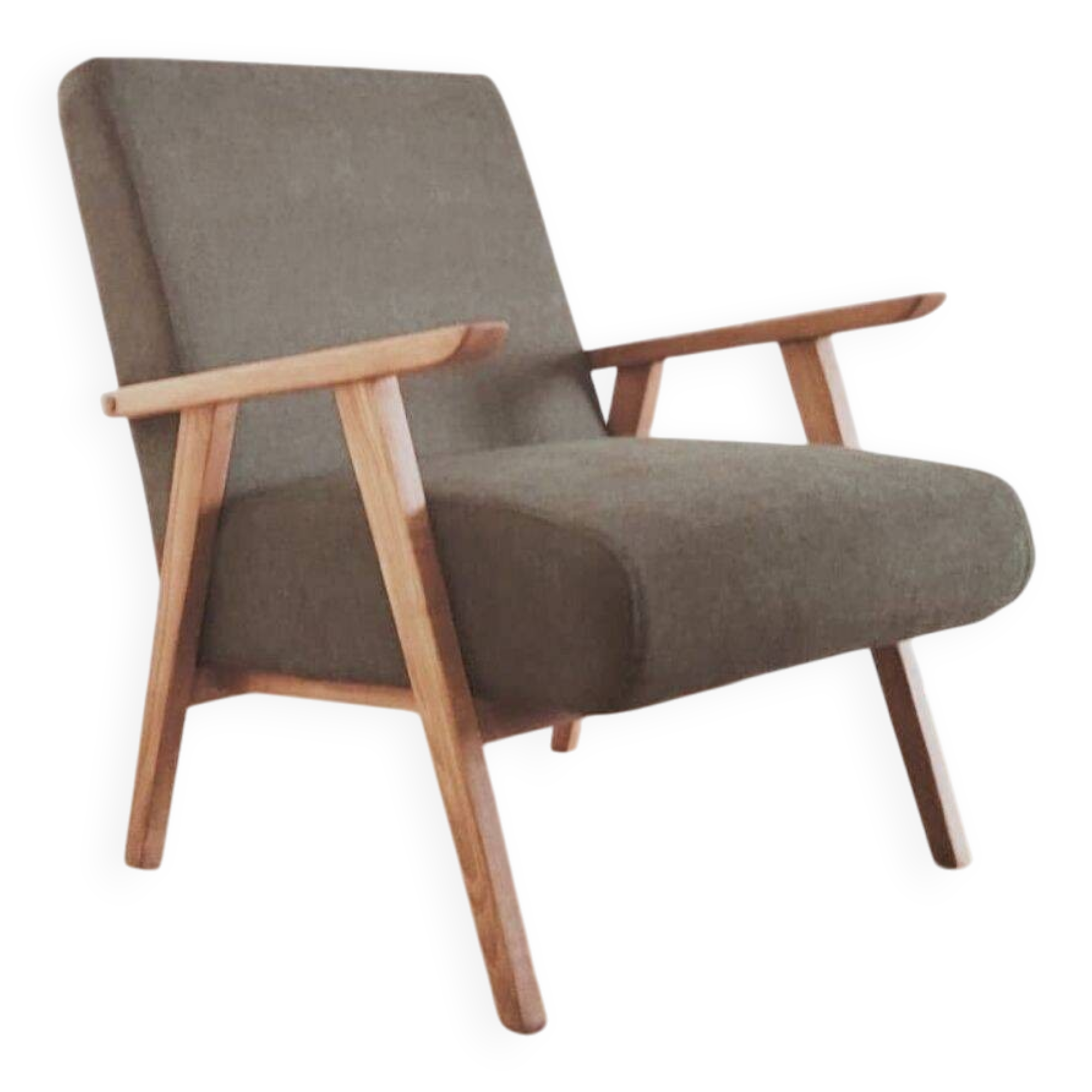 Renovated armchair, Scandinavian style in wood and green fabric.