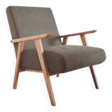 Renovated armchair, Scandinavian style in wood and green fabric.