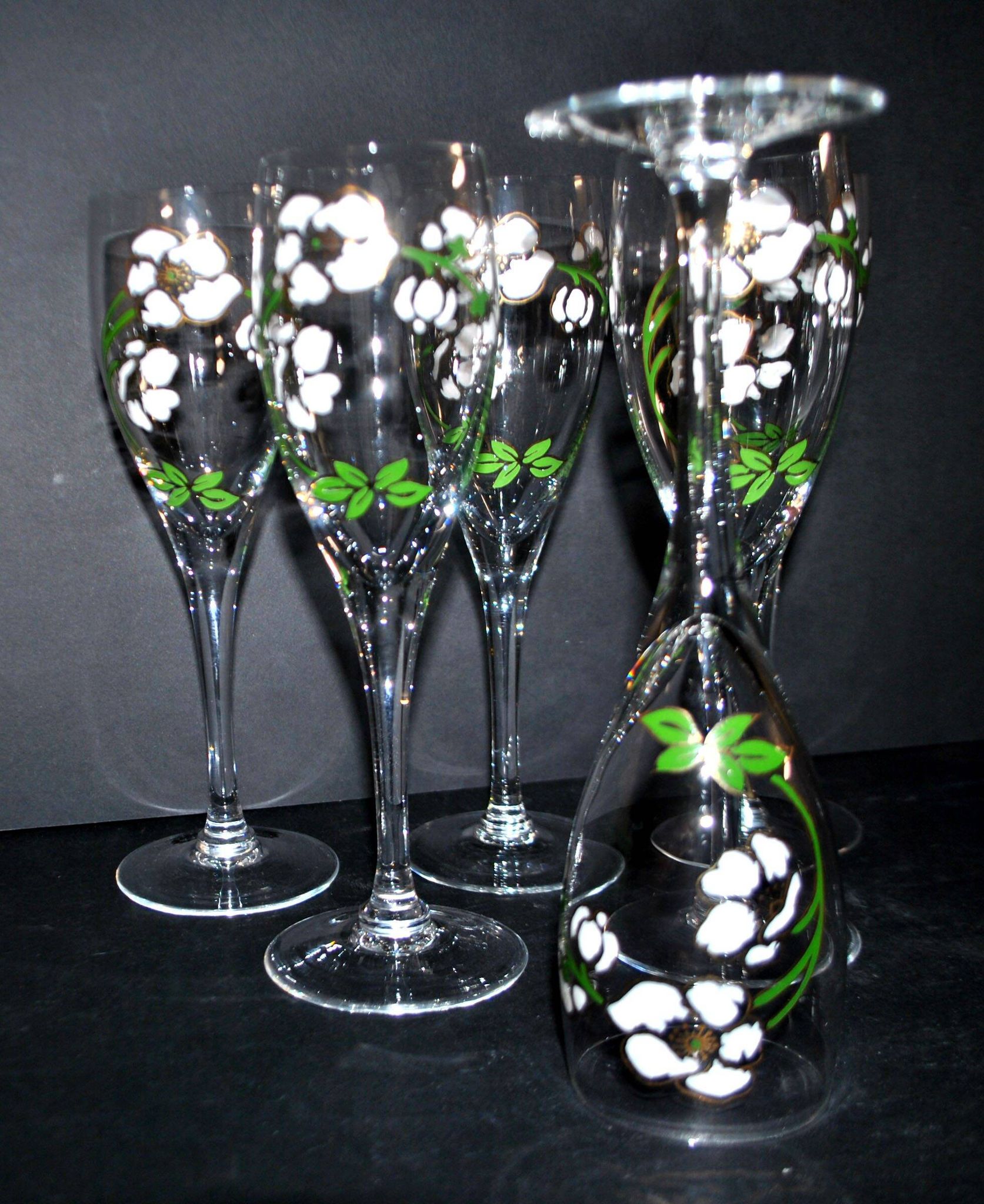 Perrier Jouet set of 6 Anemone Cuvée Belle Epoque champagne flutes in Gallé enamelled crystal