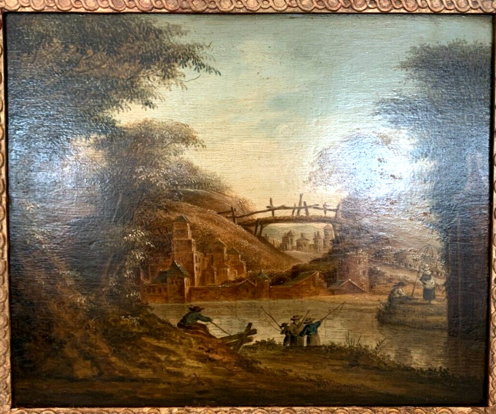Oil on oak panel animated landscape xix century