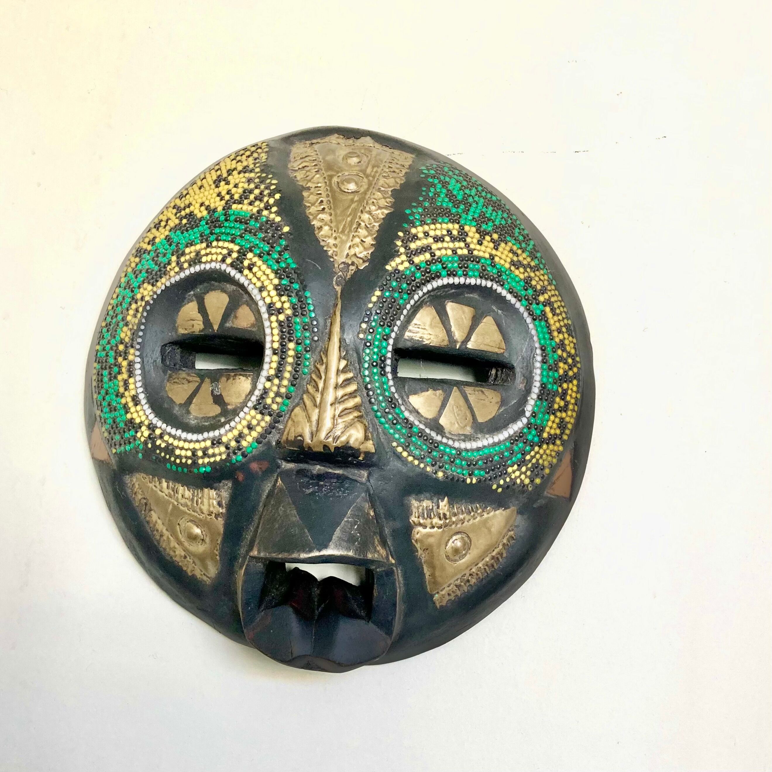 Vintage mask in carved wood beads and copper metal