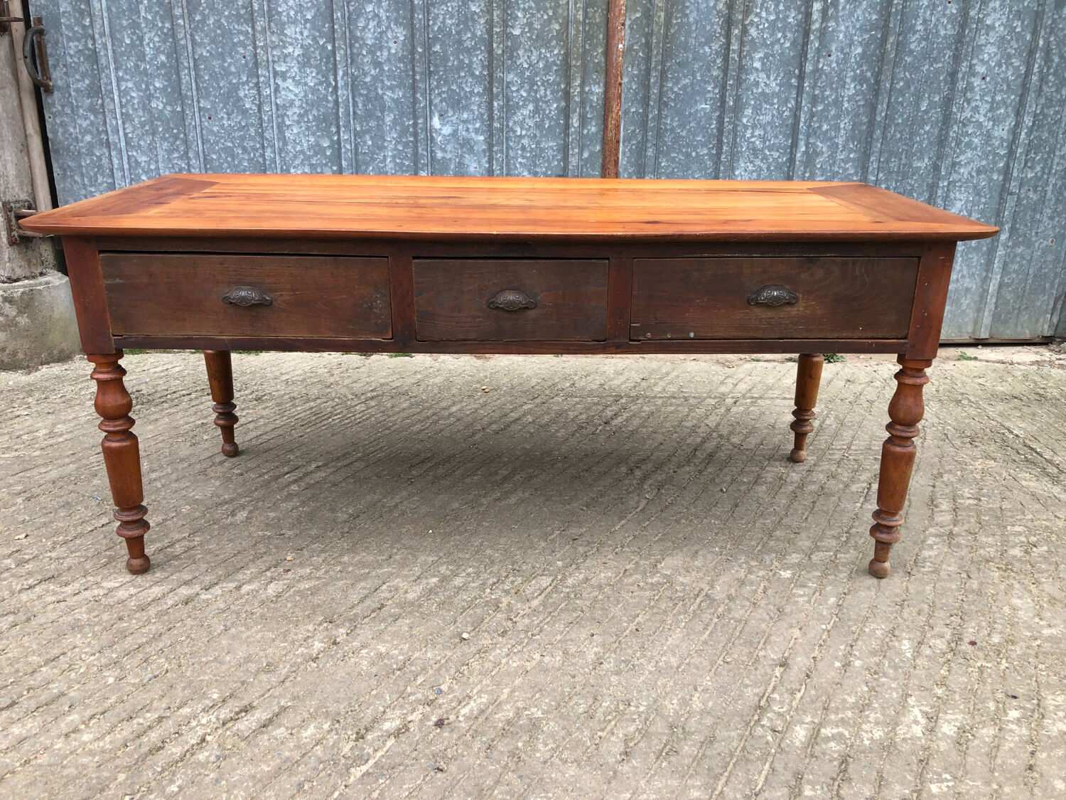 Antique Louis Philippe table in solid cherry and oak with 3 drawers