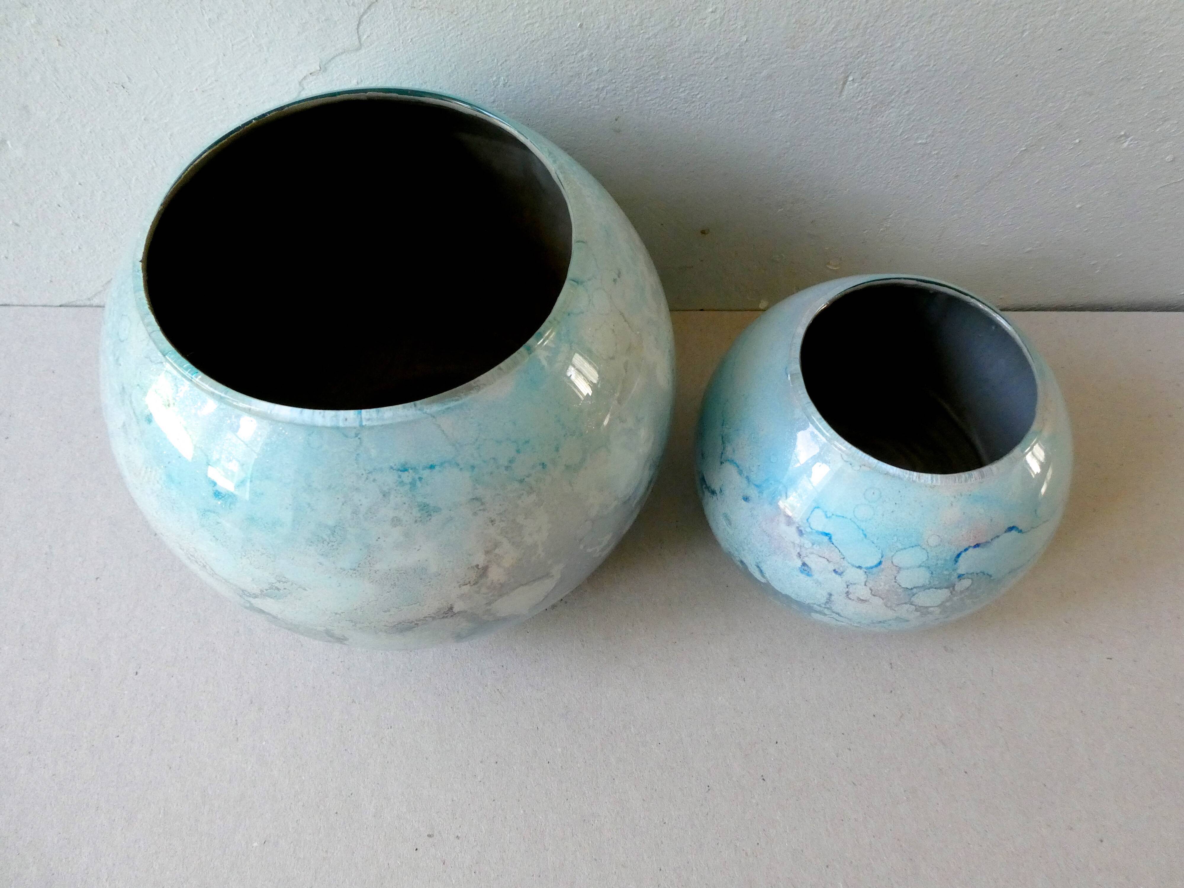 Pair of lacquered glass ball vases by Jean Noel Bouillet, 60/70