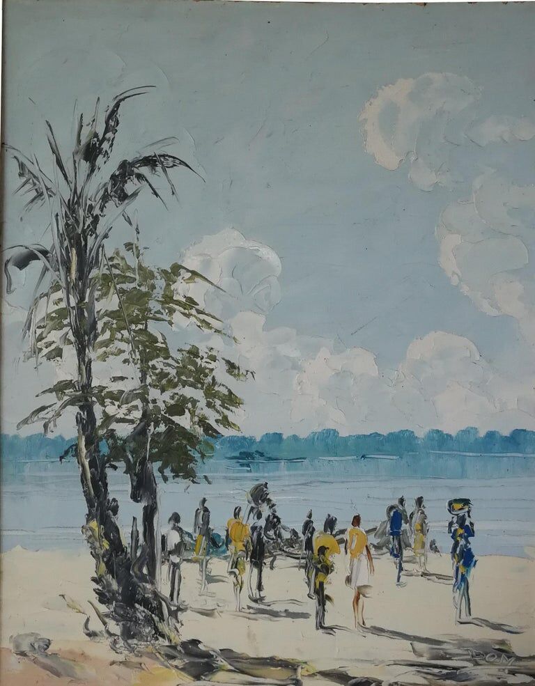 Group on the shores of Lake Tanganyika, African painting, circa 1950