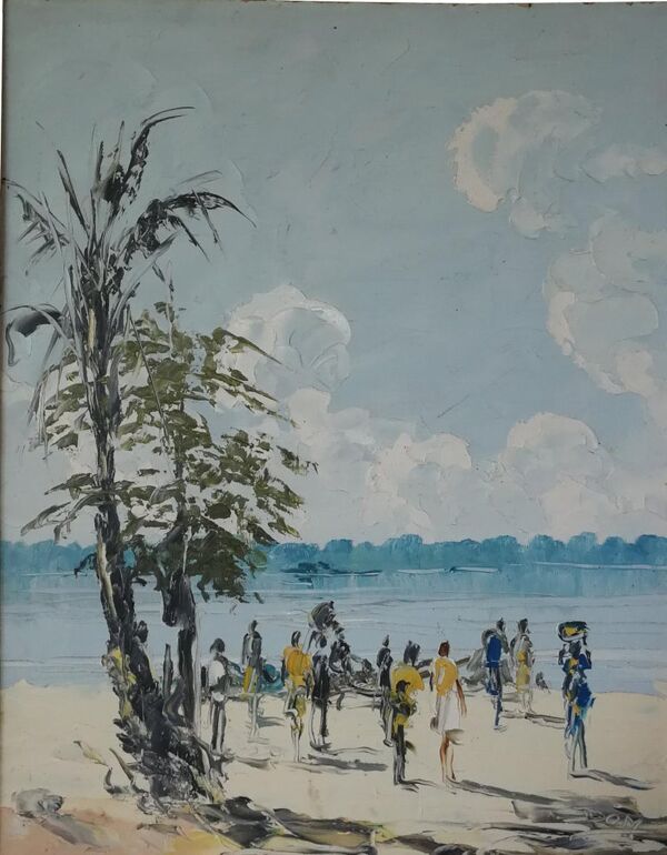 Groupe au bord du lac Tanganyika, peinture africaine, vers 1950
