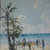 Groupe au bord du lac Tanganyika, peinture africaine, vers 1950
