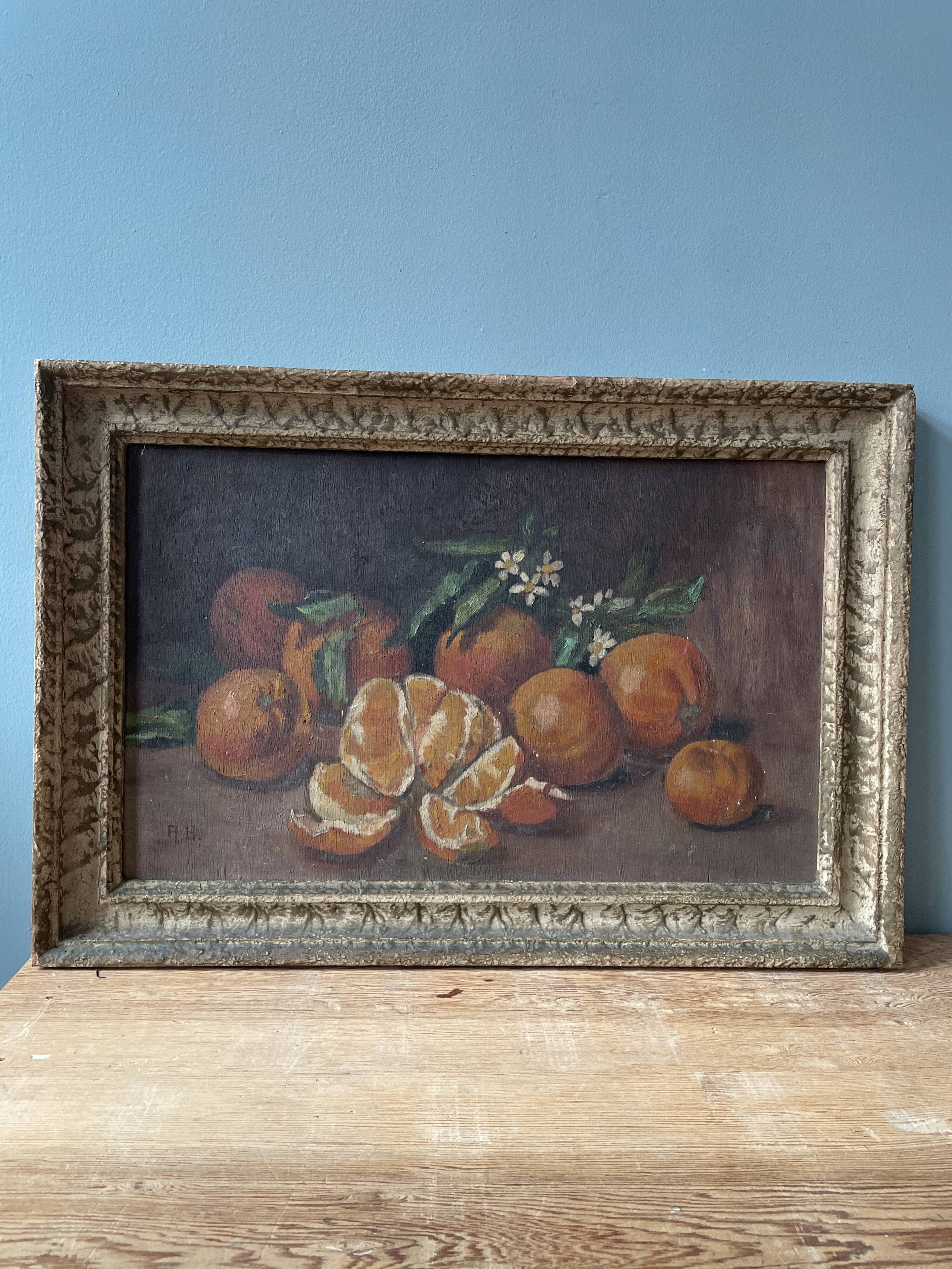Old still life painting with oranges
