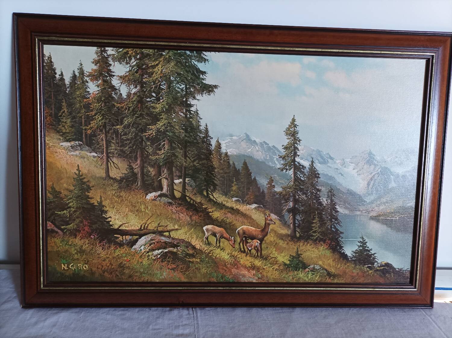 Oil print on wood signed deer motifs in the mountains framed