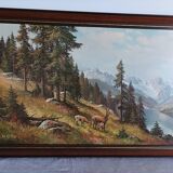 Oil print on wood signed deer motifs in the mountains framed