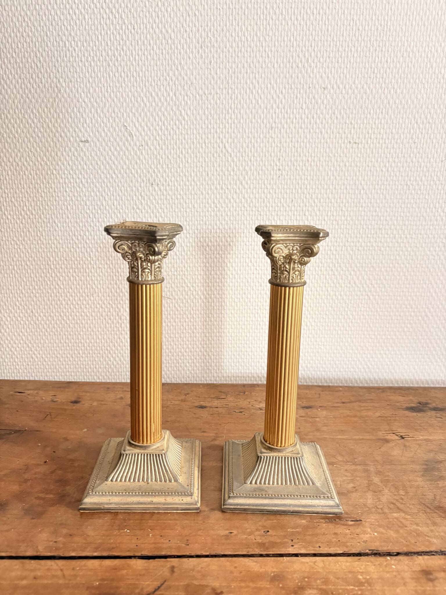 Pair of Silver Metal Candle Holders Neo-Classical Fluted Corinthian Column