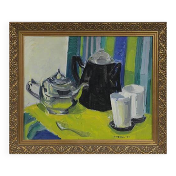 Huile sur toile suédoise d'époque mid-century – “Västerås / Gamleby” par Ann-Ma