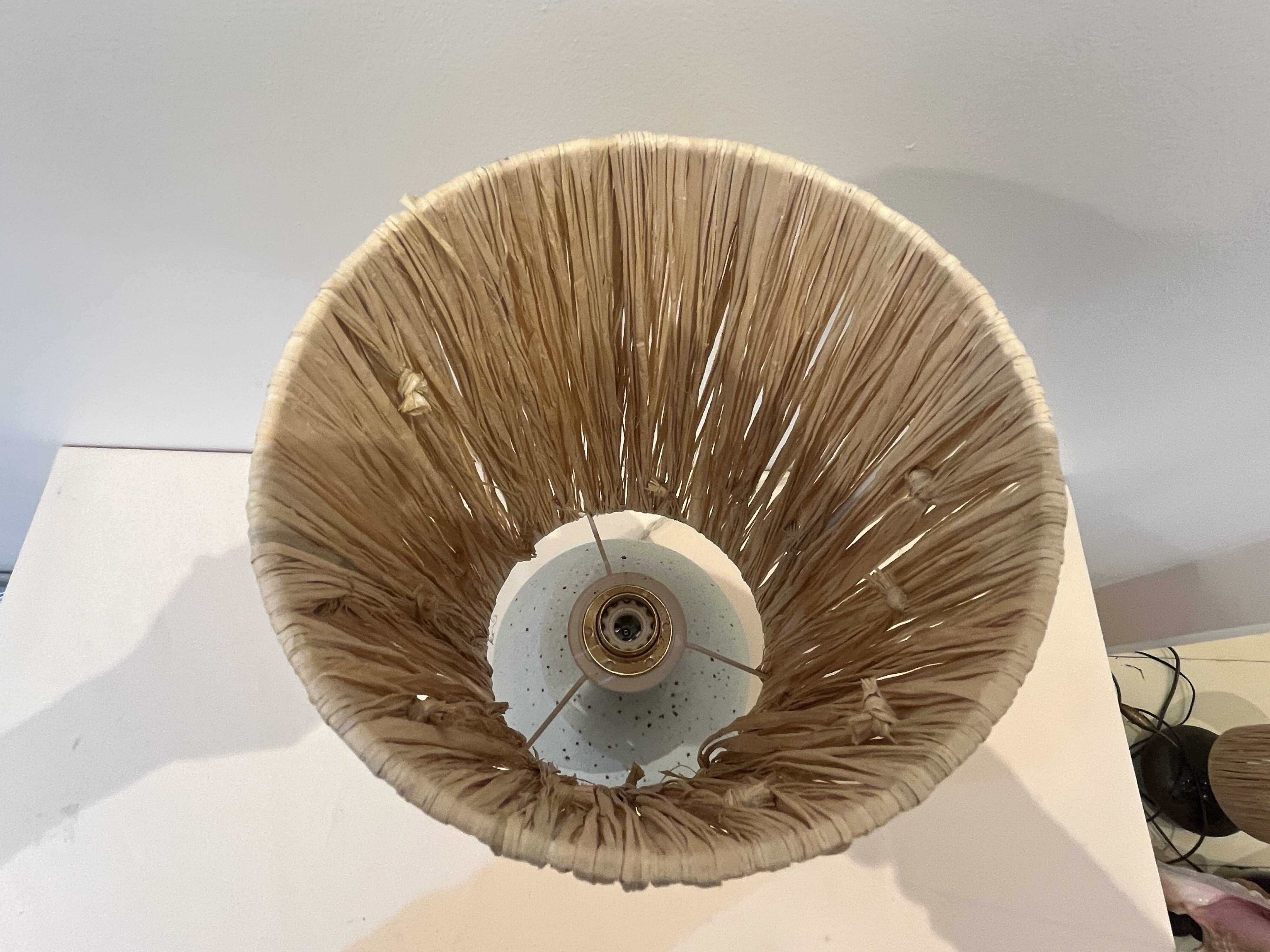 Vintage lamp base in beige-grey ceramic stoneware with raffia lampshade, 1970s