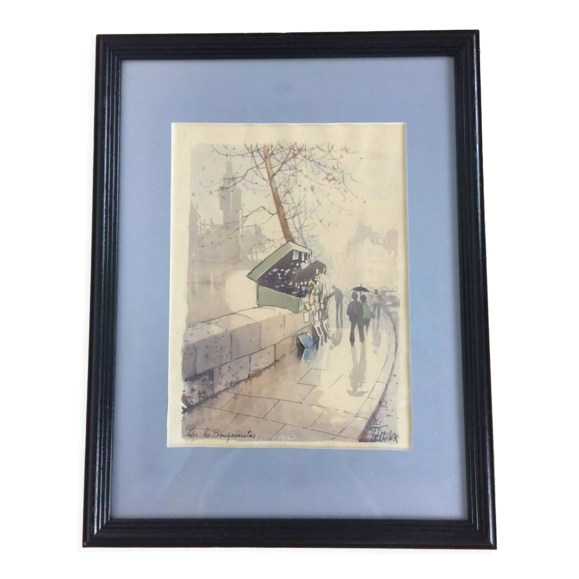 Tableau Les Bouquinistes signé H Tellier aquarelle