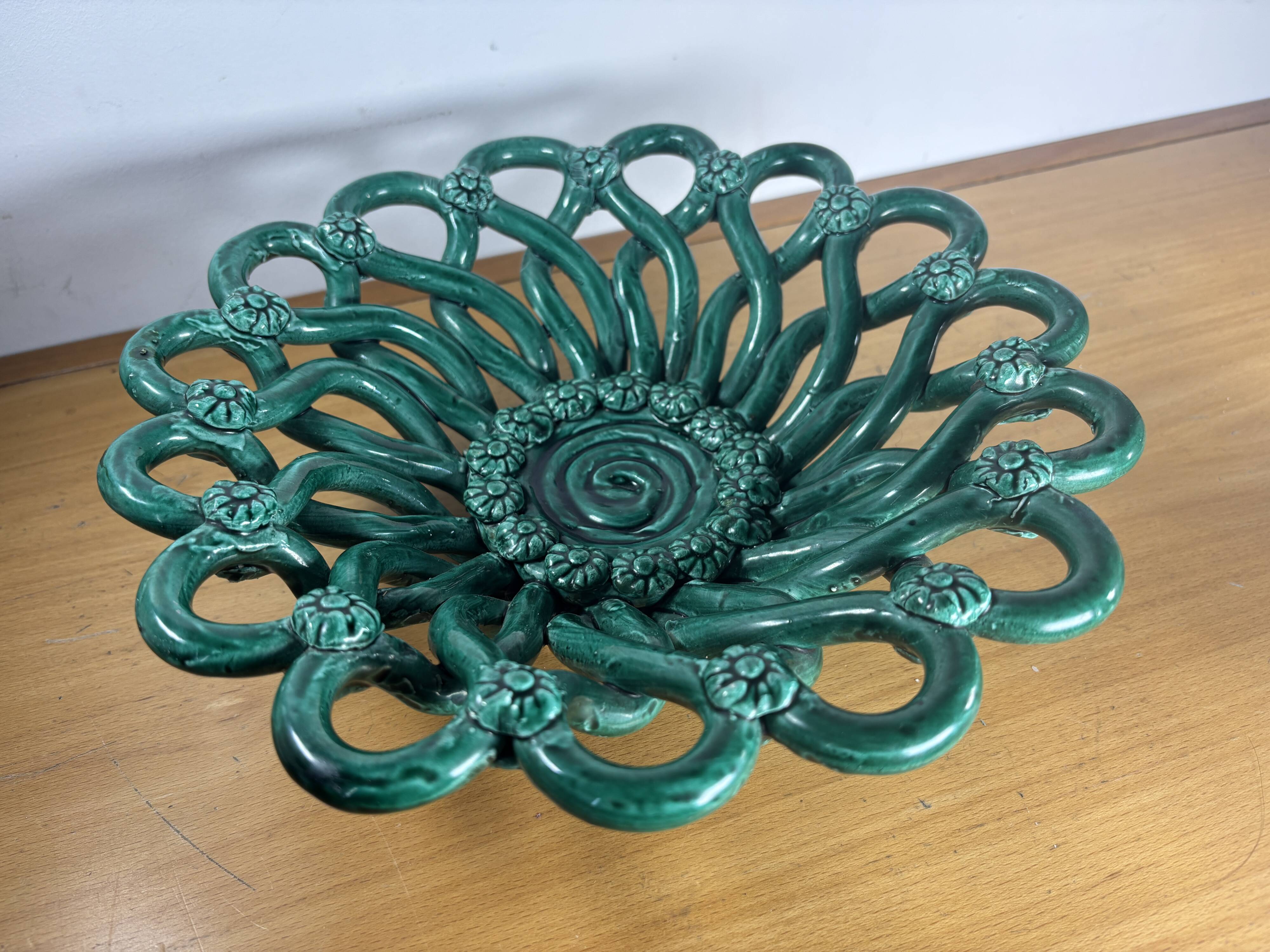Openwork green ceramic bowl from Vallauris, 1950s.