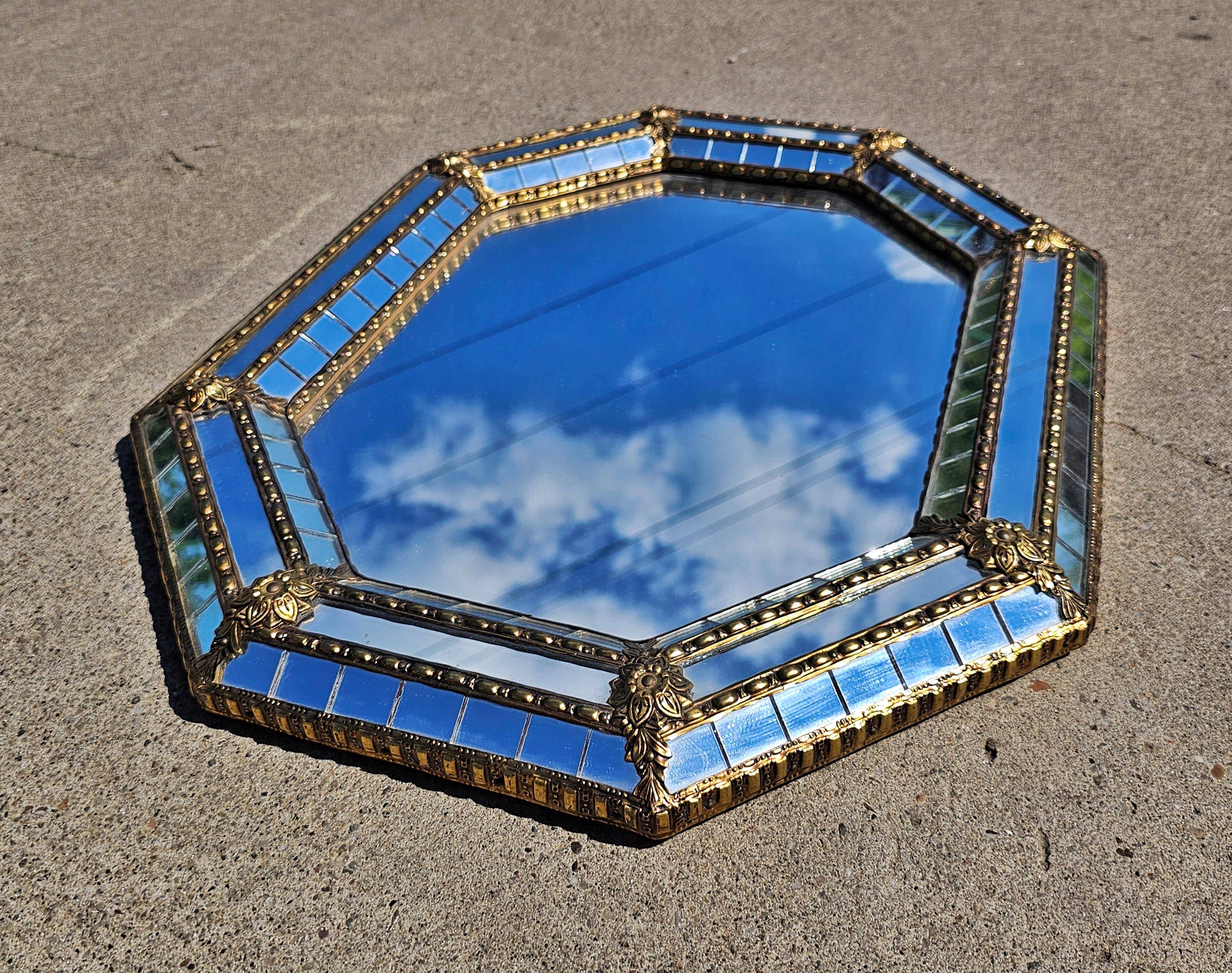 Octagonal Hollywood Regency Mirror with Floral Brass Accents, 1970s