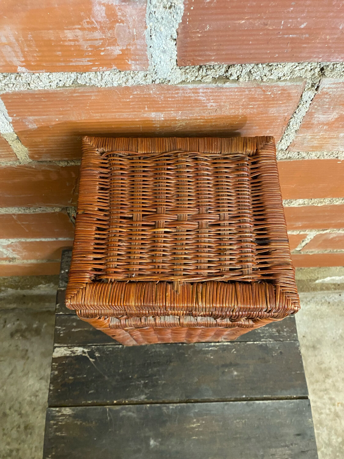 Antique basket, tall wicker woven bread basket, vintage laundry basket