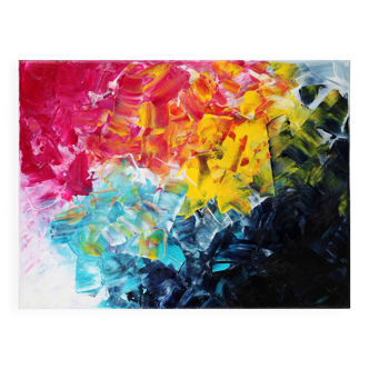 Peinture acrylique sur toile bleu, rose et jaune