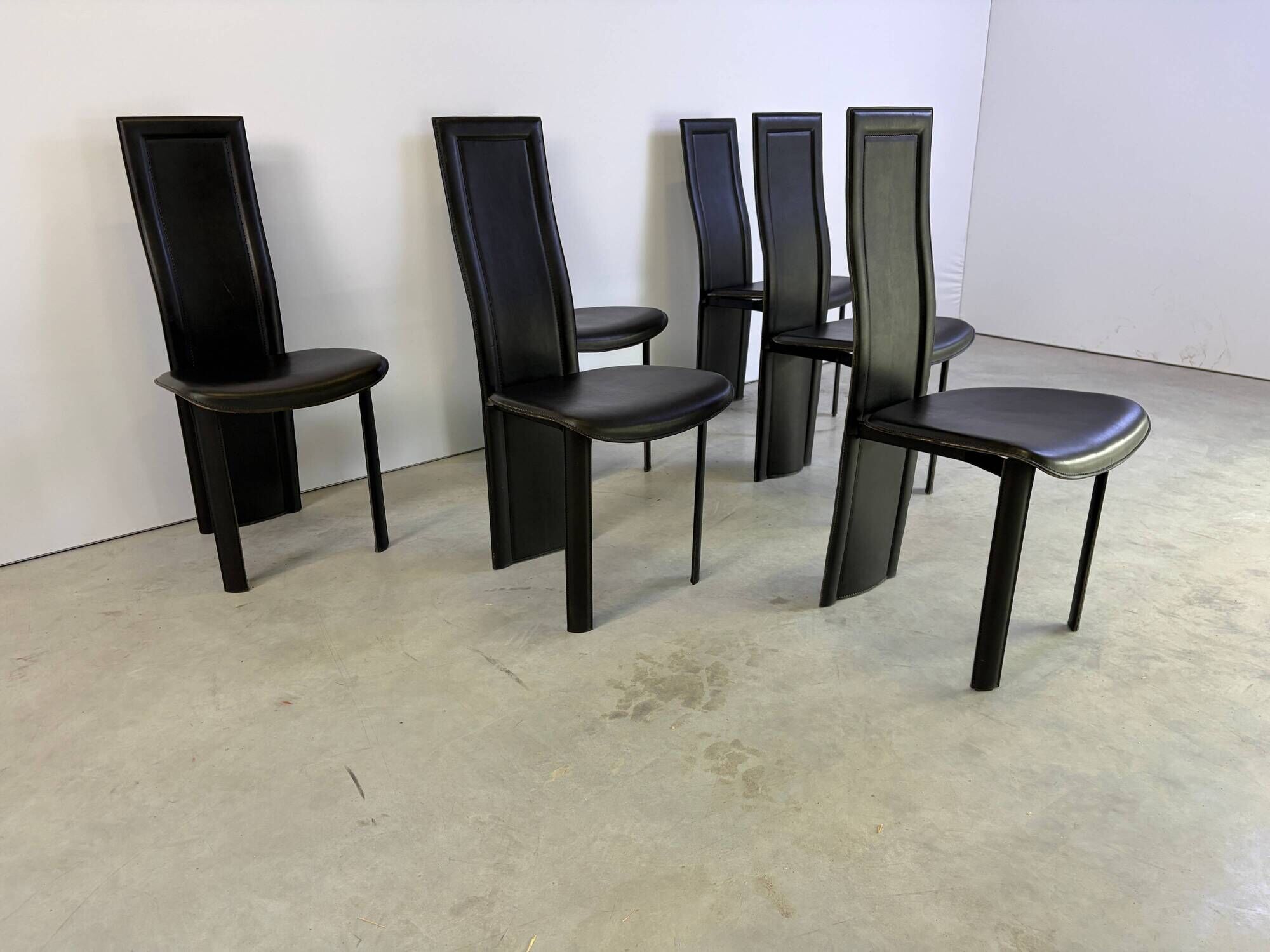 Vintage black leather dining chairs, set of 6, 1980s