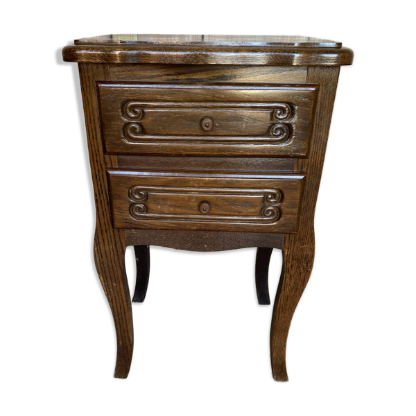 Chevet ancien, table nuit style Louis XV en bois, 2 tiroirs