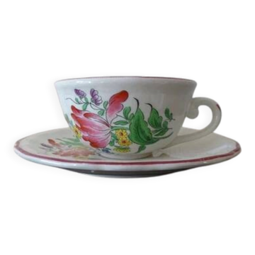 Kg luneville "street lamp" breakfast cup coffee tea earthenware flowers hand-painted - 1