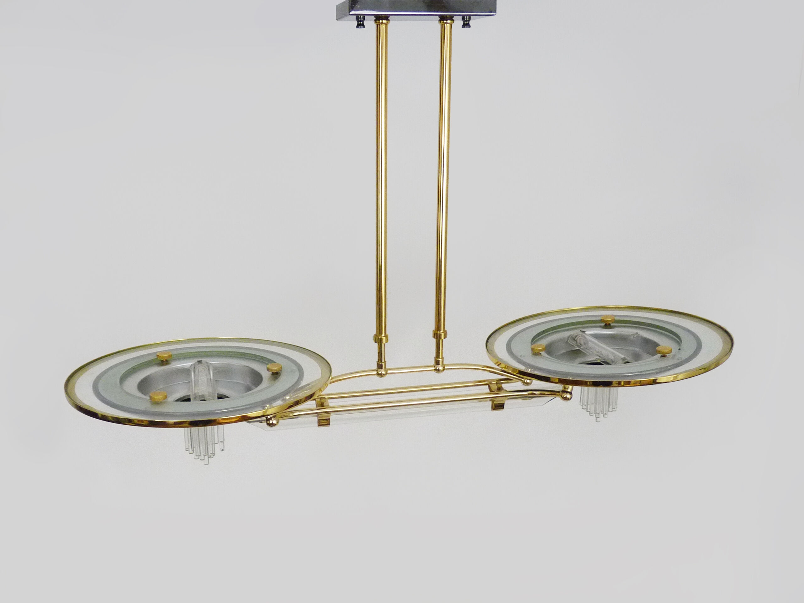 Venini-style halogen chandelier with two arms in brass, anthracite metal and glass. Eighties