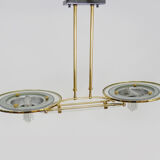 Venini-style halogen chandelier with two arms in brass, anthracite metal and glass. Eighties