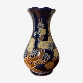 Vase in enamelled sandstone blue Japanese floral patterns