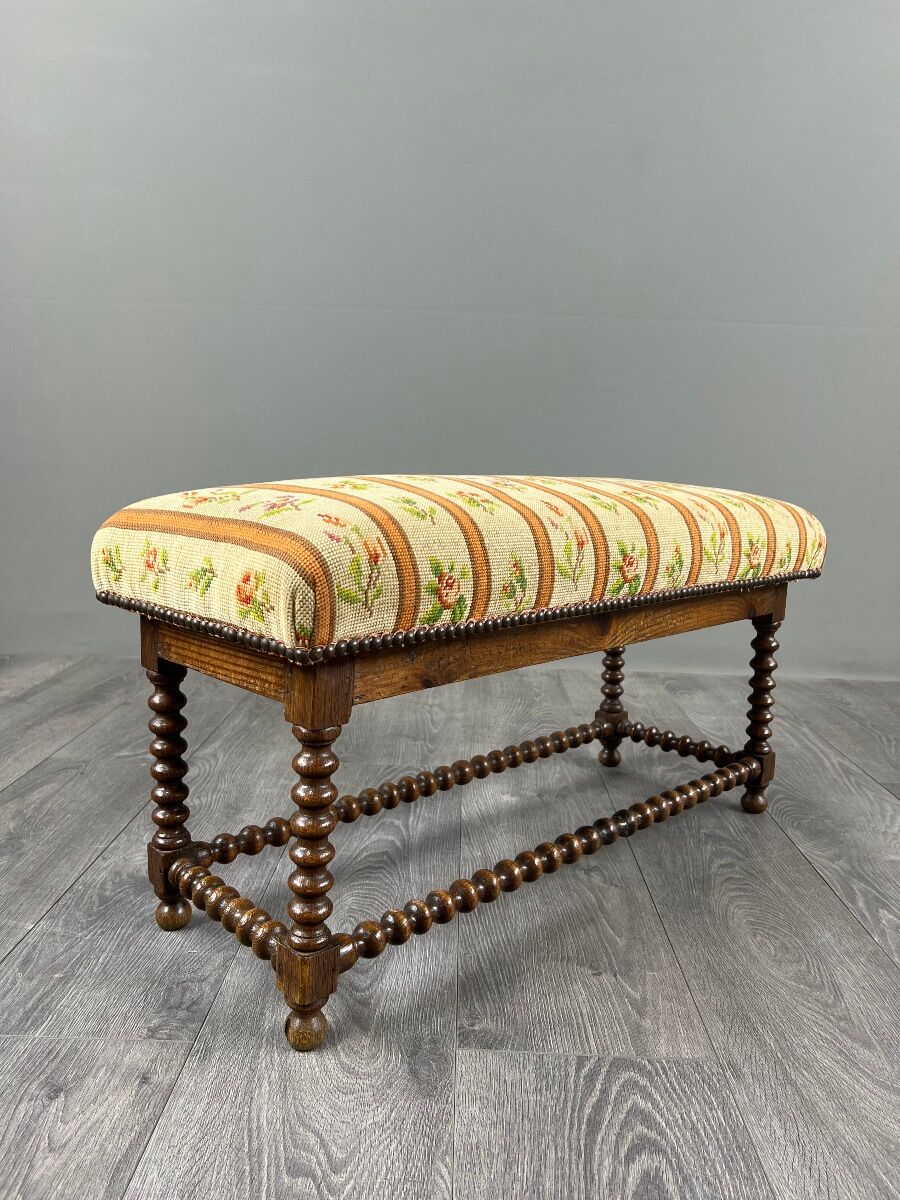 Antique Turned Wood Bench, Floral Tapestry Seat, 20th Century