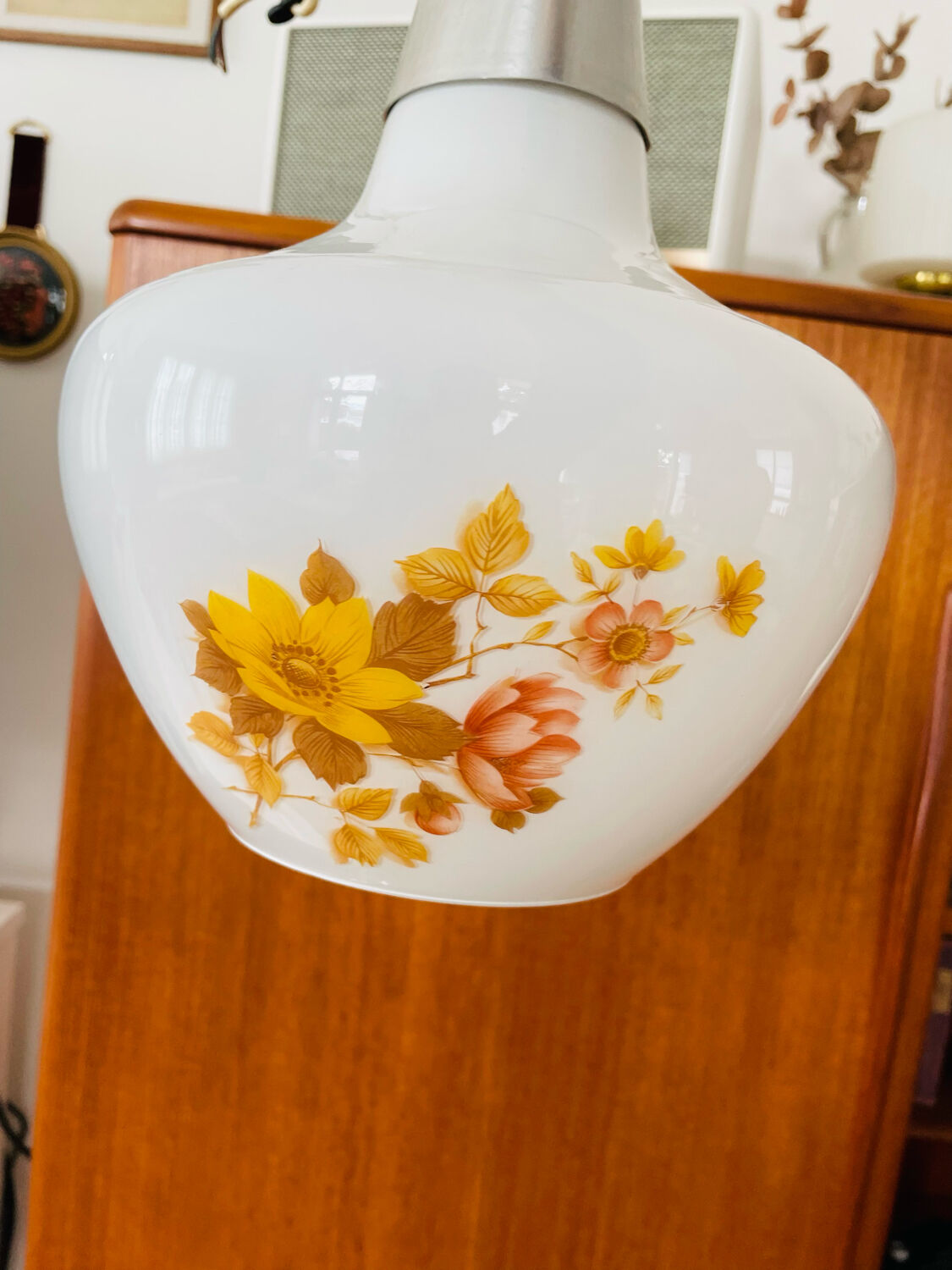 Lustre suspension vintage années 70 globe verre fleuri