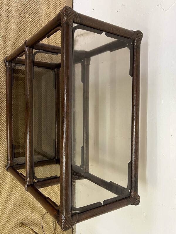 Etagère bibliothèque rotin et verre fumé