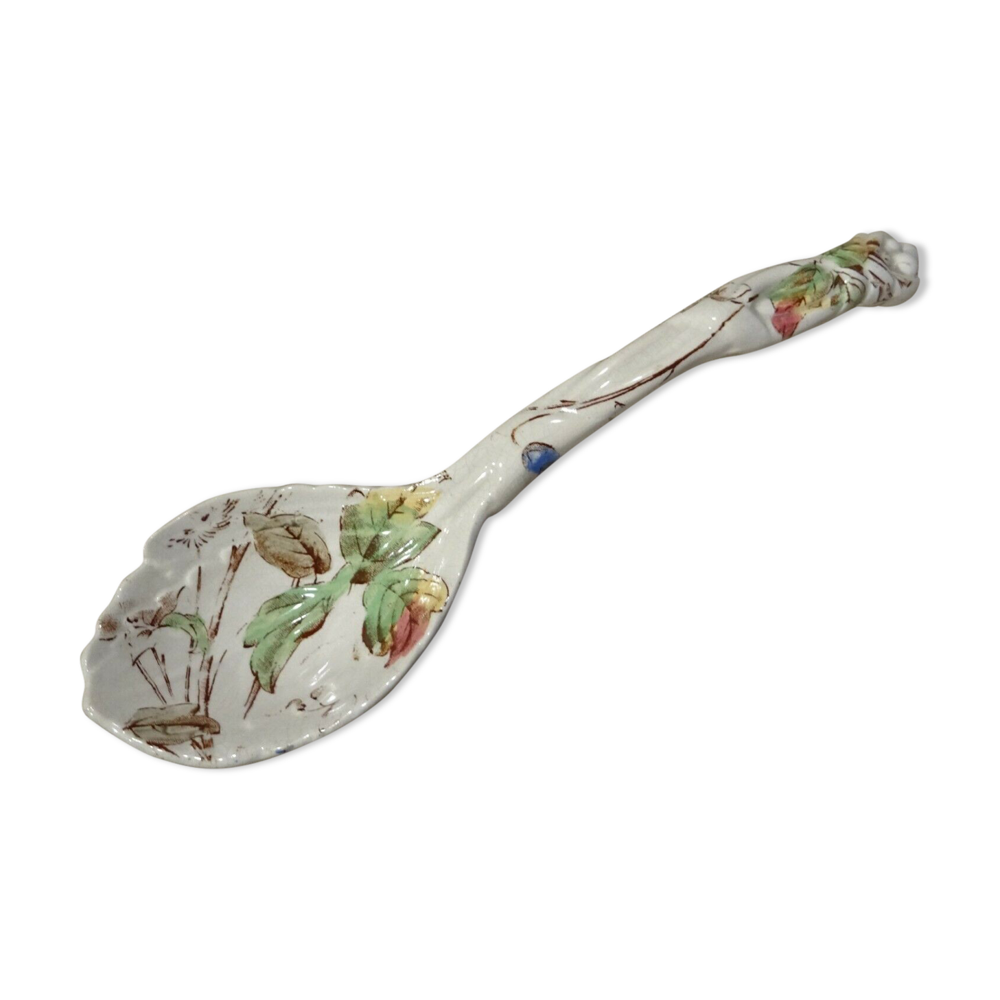Old spoon with earthenware sauce with floral decoration Longchamp Sarreguemines