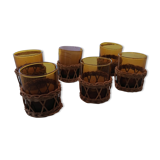 6 small glasses Amber Blown Glass garnished wicker 1 cracked