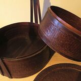 Antique basket in wood and rattan with 3 sections, 1900