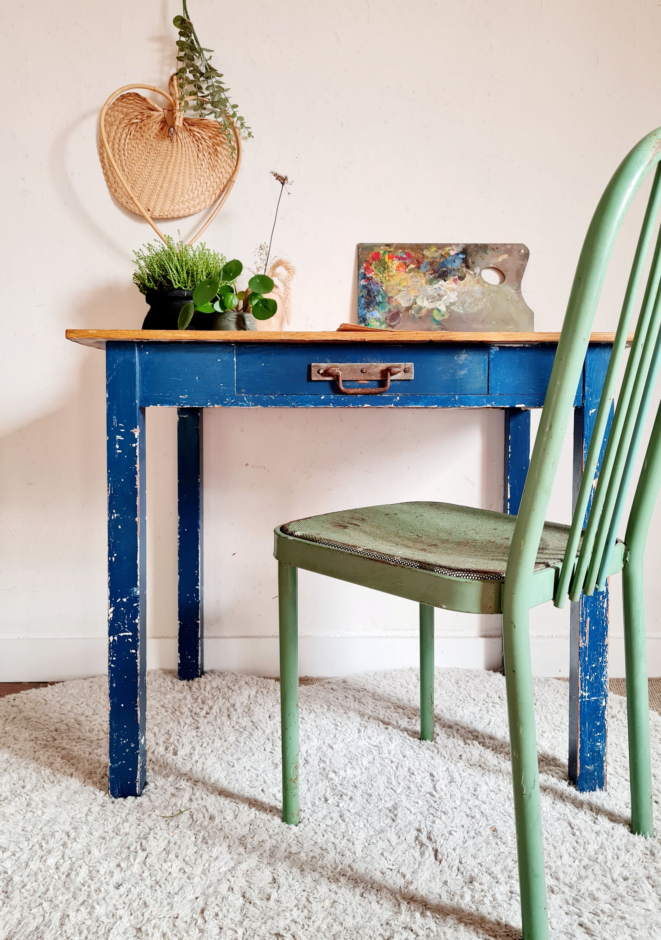 Ancient blue pie wooden workshop table