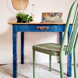 Ancient blue pie wooden workshop table