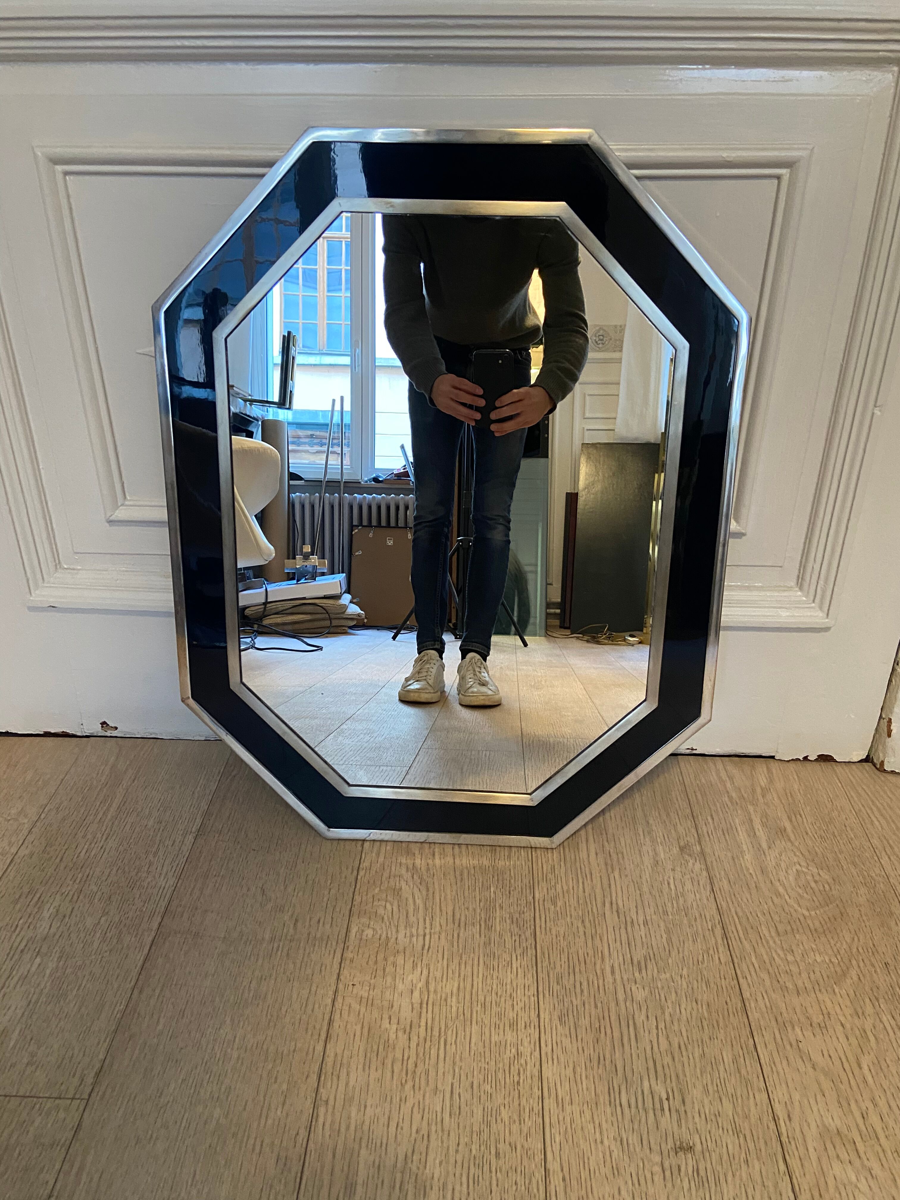 Chrome and blue lacquer mirror, 1970s