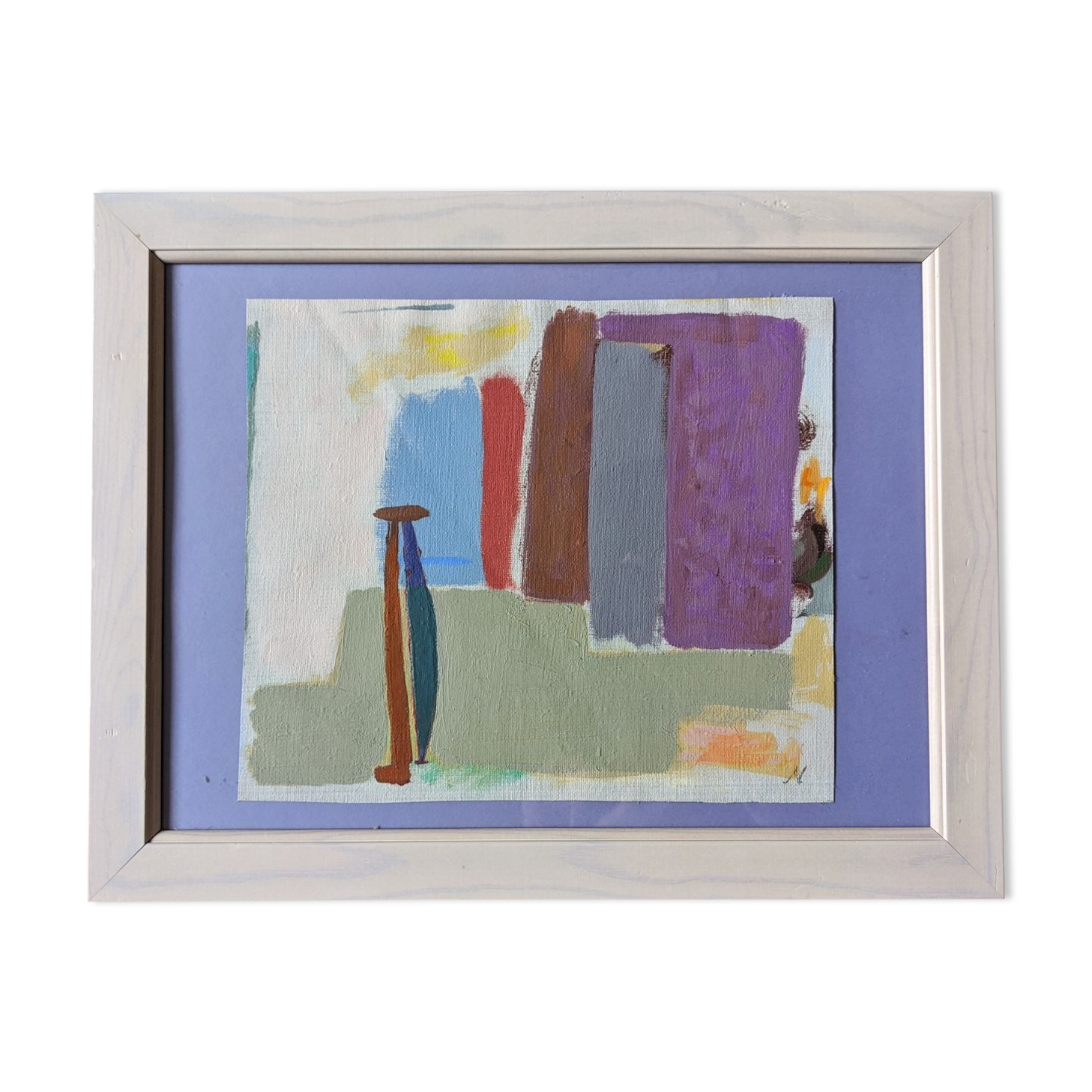 Vintage mid century abstract framed oil painting - purple abstraction