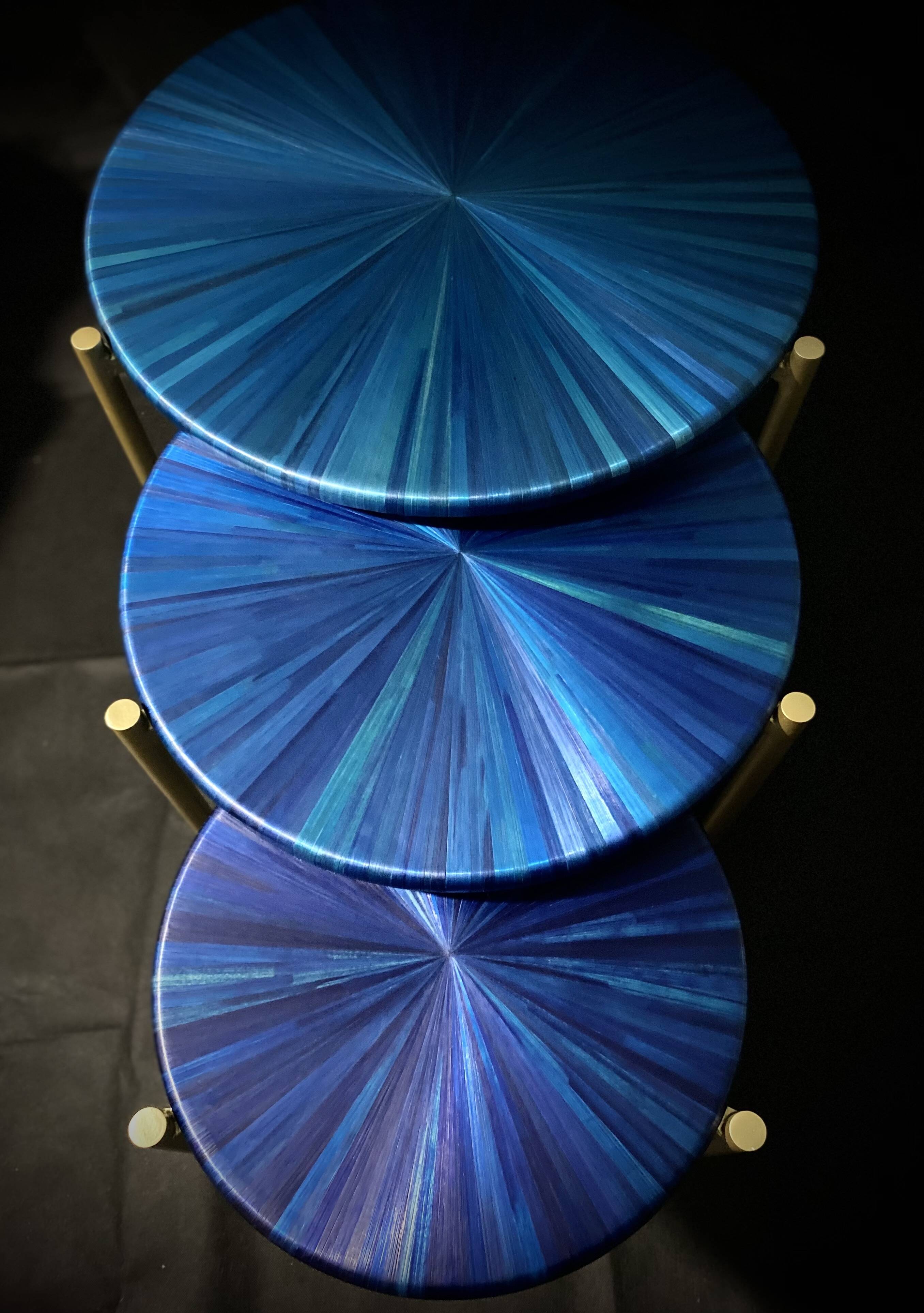 Straw marquetry nesting tables