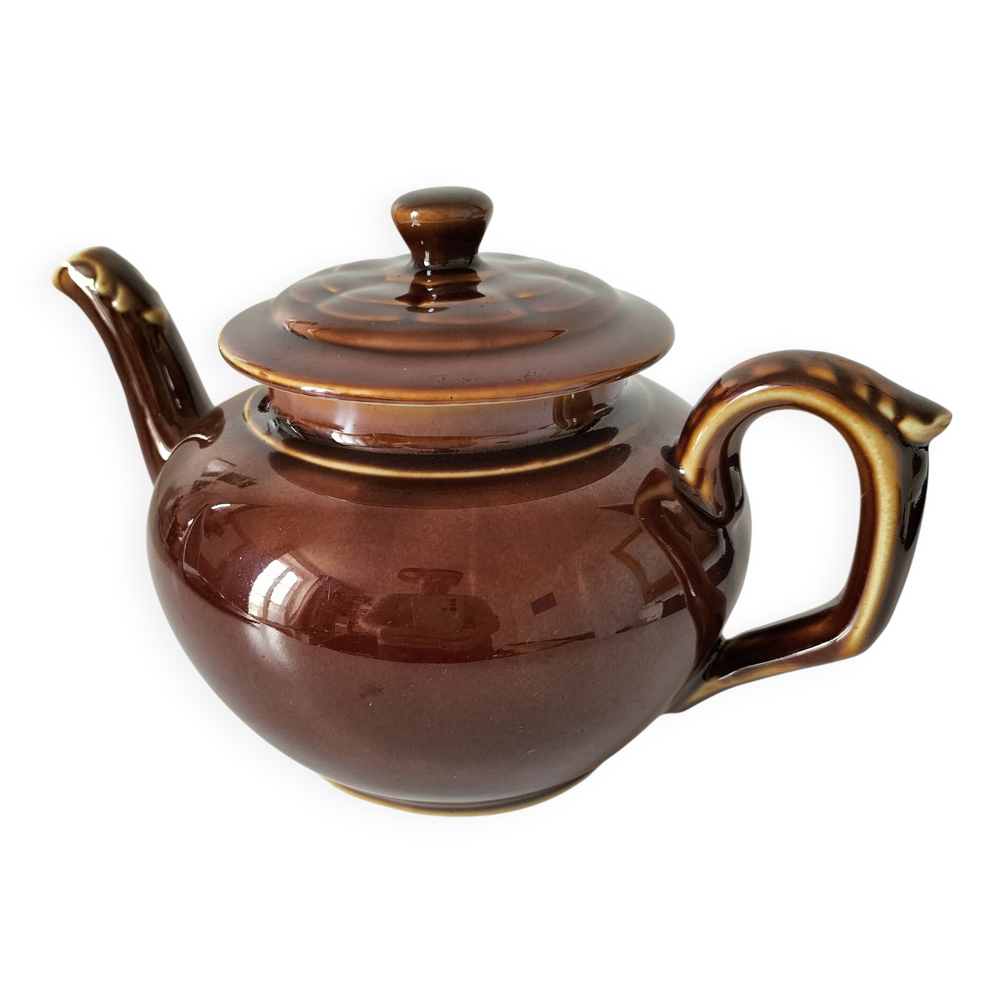 Vintage brown glazed earthenware teapot, mid-century sculptural decor.