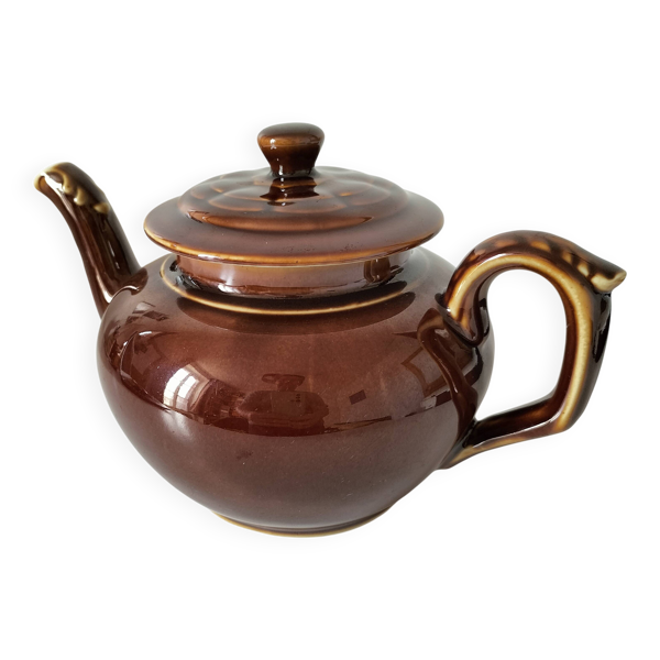 Théière vintage en faïence brune émaillée, décor sculptural mid-century
