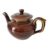 Vintage brown glazed earthenware teapot, mid-century sculptural decor.